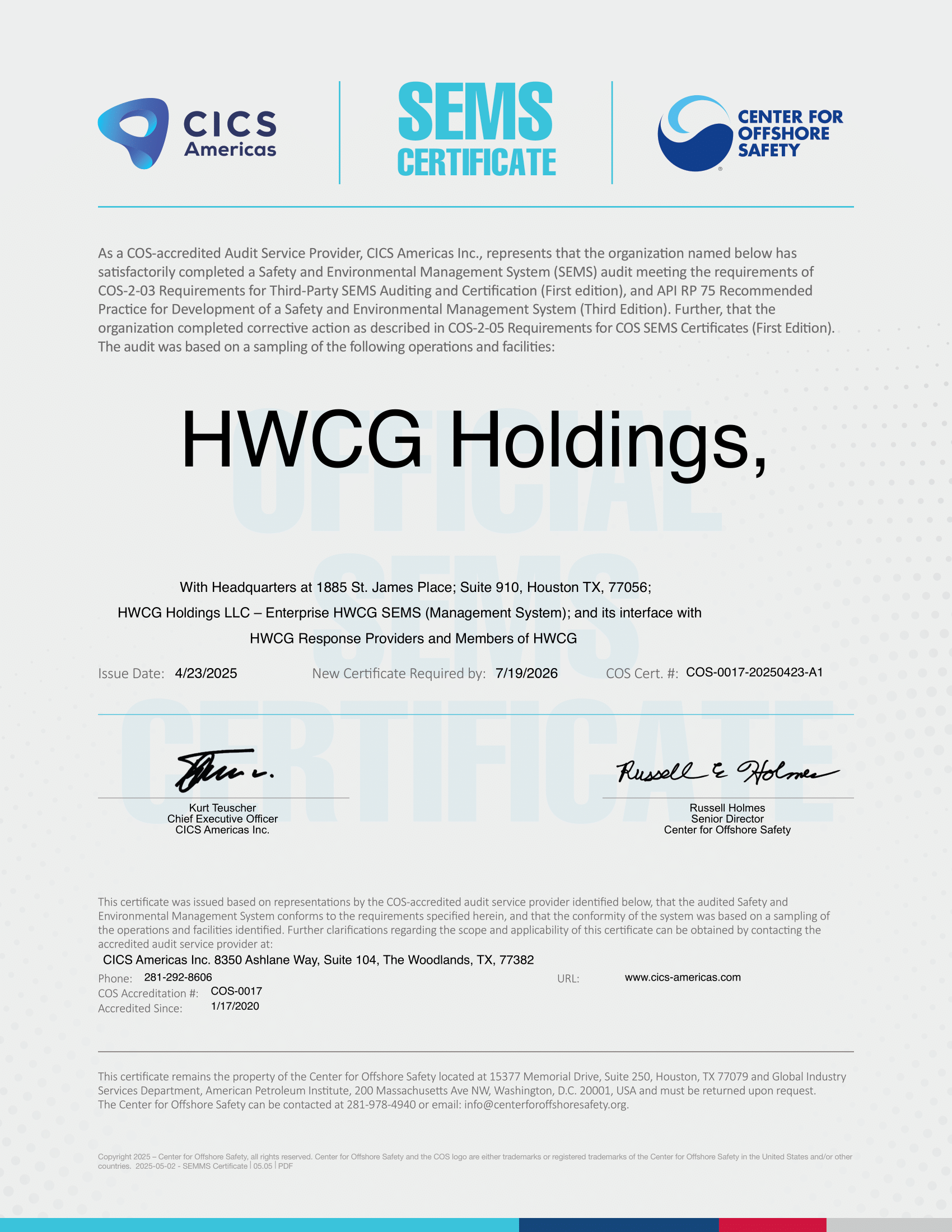 HWCG COS SEMS Certification Document 2025